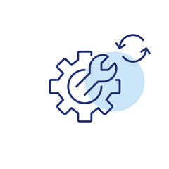 Wrench in cogwheel and renew arrows. Maintenance update, repair refresh. Pixel perfect, editable stroke vector icon