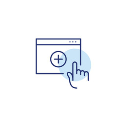 New task, screen add, app install, workspace update. Plus on web page and finger click. Pixel perfect, editable stroke vector icon