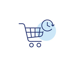Shopping cart and clock. Timed promotions, scheduled payments, shopping checkout deadlines. Pixel perfect, editable stroke vector icon