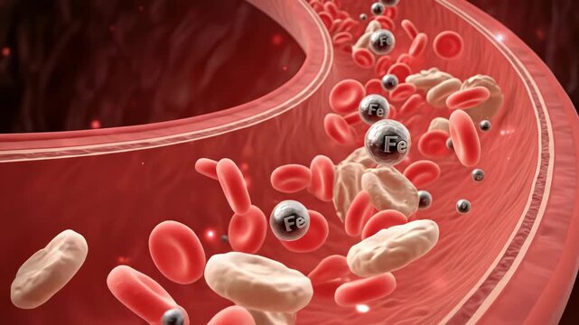Oxygen carrying cells and Fe particles move through a vital vessel, showing low hemoglobin and erythrocyte deficiency leading to anemia. This depicts a health diagnosis.