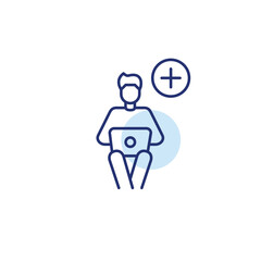 Remote work task created. Man working at laptop at home and plus. Pixel perfect, editable stroke vector icon