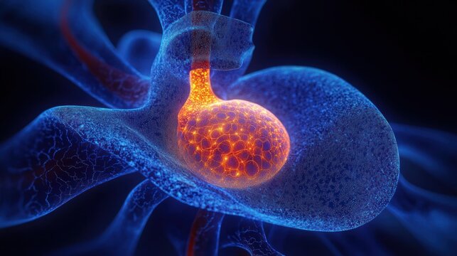 luminous orange vesicle with bubble-like interior connected to translucent blue tubular membrane and branching filaments, evoking mysterious scientific intrigue