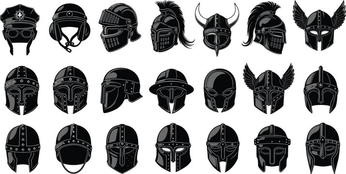 Set of black helmet silhouettes featuring ancient spartan viking medieval knight roman gladiator and fantasy warrior headgear icons for gaming historical warfare and protective armor design.
