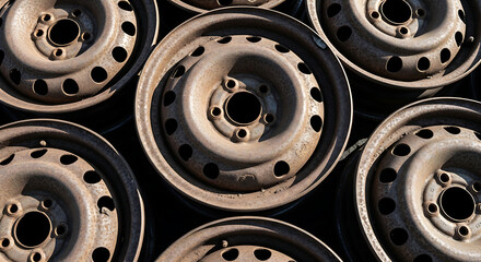 Fototapeta premium Weathered metal vehicle wheel rims showcasing their rusty, industrial texture and worn-out appearance