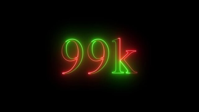 glowing neon 99k animation on black background. 99k Followers Celebration text animation 4k motion video..