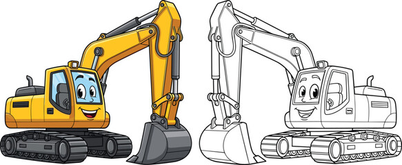 Cute yellow excavator cartoon character with a smiling face alongside a black and white line art version for kids coloring book and construction education. © Khorshed