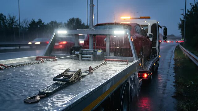 Roadside assistance tow truck carrying a red car on a flatbed trailer while driving on a wet highway during a rainy night with flashing amber lights and flowing traffic in the background
