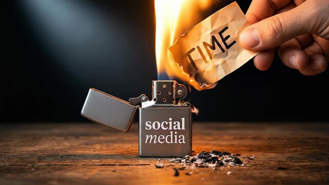 Conceptual video showing a hand burning a piece of paper with the word time on it using the flame from a lighter labeled social media, representing the concept of wasting time on social platforms
