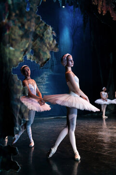 ballerina performing on stage in a white tutu. Graceful ballet dance