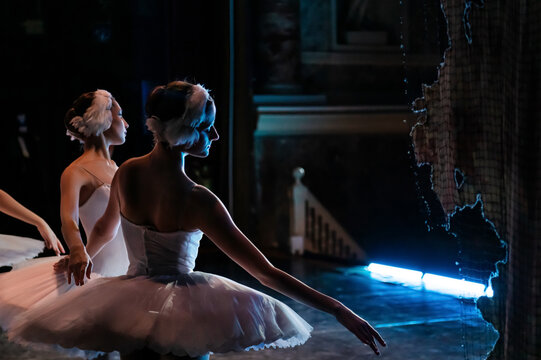 Woman ballerina from behind in white tutu on stage.