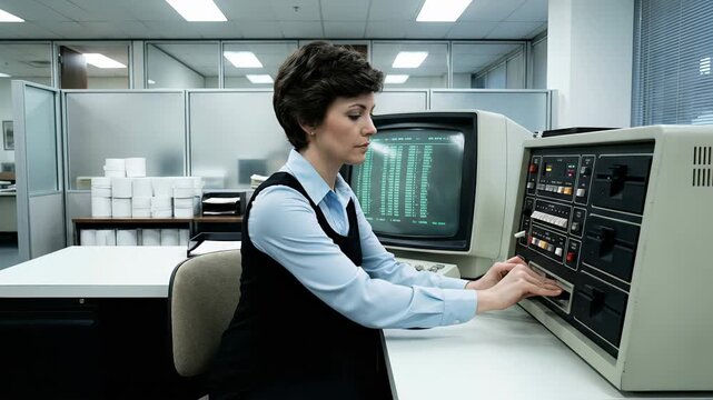 Businesswoman in a retro office from the 1980s inserting an 8 inch floppy disk into an old computer to load data, representing obsolete technology and the early days of computing