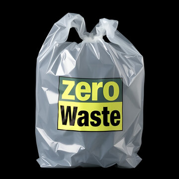 Transparent plastic trash bag with bold Zero Waste label, conceptual irony critiquing greenwashing and contradictions in sustainability marketing
