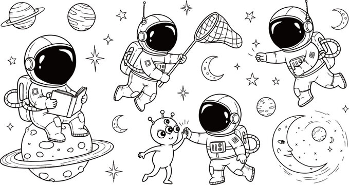 Collection of cute cartoon astronauts in space with planets, stars, and an alien, perfect for coloring book pages or children's activities.