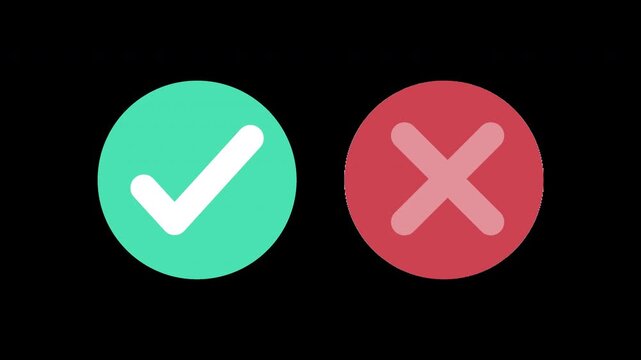 Yes No animation icon blinking effect. Checkmark and Cross mark symbols. Tick sign green color and X sign red color. Blinking yes and no choice symbols. Alpha channel transparent background. 4K video