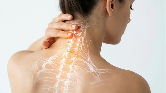 Young woman massaging her painful neck and shoulder with a skeletal visualization of the cervical spine, showing inflammation and injury against a clean, white, isolated background