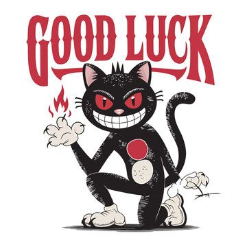 Creepy black cat kneeling saying good luck vintage style illustration