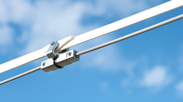 Connection points of tension membrane roof. Turnbuckle wire rope tension for tension membrane roof on a blue sky background. Connections concept and securing, Copy space, Selective focus.