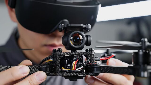 Focused technician wearing fpv goggles carefully assembling and checking a custom built carbon fiber racing drone with a mounted camera, meticulously inspecting the electronic components