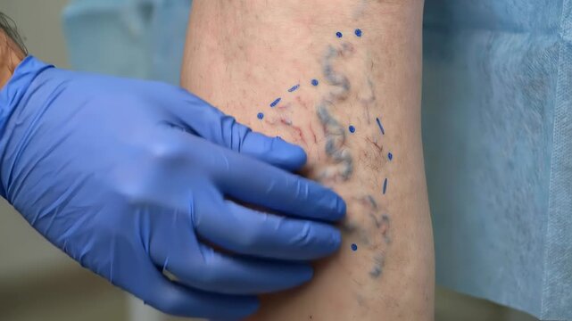 Professional phlebologist wearing sterile gloves examining a patient's leg with severe varicose veins and telangiectasias, marking the area for surgical treatment or sclerotherapy