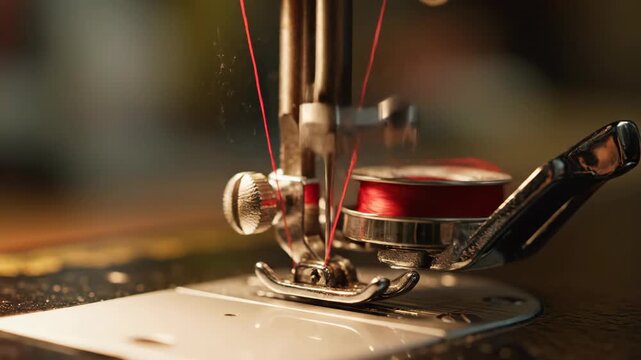 Close-up view of sewing machine needle and red thread as it stitches fabric, showcasing the intricate mechanism and movement in a well-lit workspace