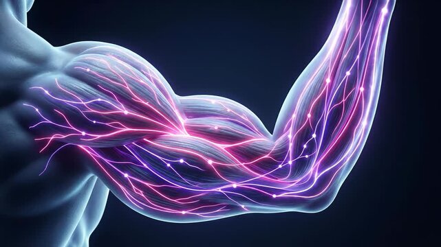Scientific visualization showing a human arm contracting its bicep muscle, illustrating the intricate network of nerves and the flow of electrical impulses responsible for muscle movement