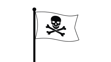 Fototapeta premium Classic pirate flag featuring a white skull and crossbones on a black field is waving proudly on a black flagpole.