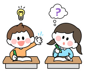 手を挙げる笑顔の男の子と首を傾げて考える女の子　勉強する子どもたち
