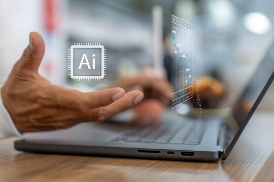 Business professional using laptop with AI processor icon and virtual project management dashboard. Digital transformation concept with automation, data analytics, workflow planning