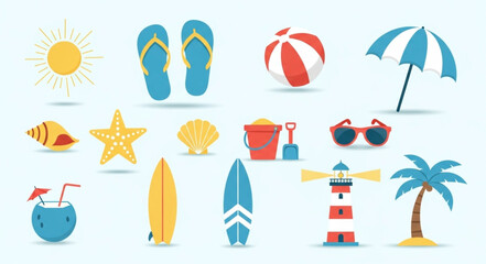Collection of summer beach vacation elements, perfect for design projects and travel themes. © Aceng