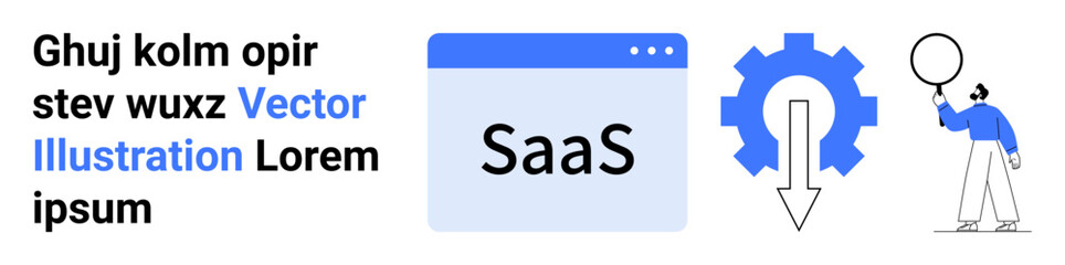 SaaS text in browser interface, large gear with downward arrow, user holding balloon. Ideal for SaaS platforms, technology, software integration, user experience, cloud services, solutions simple