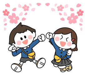 制服を着て笑顔でジャンプする子どもたち