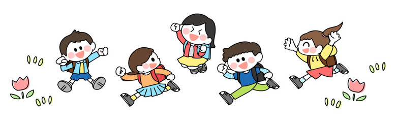 仲良く並んで走る　ランドセルを背負った子供達のイラスト