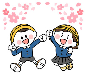 制服を着て笑顔でジャンプする新一年生の子どもたち