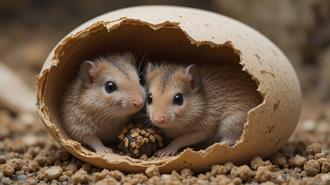 Tiny, fluffy baby gerbils huddle together for warmth inside a broken, weathered eggshell, nestled