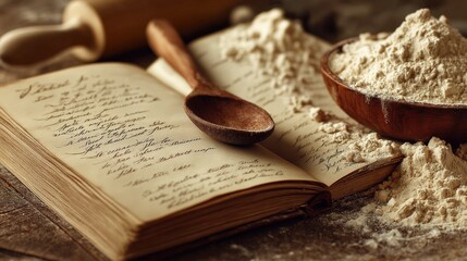 Vintage Recipe Book with Flour and Spoon