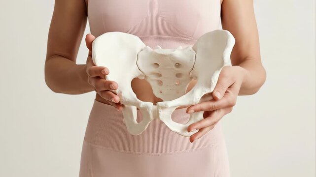 Fit woman in sportswear holding an anatomical model of the human pelvic bones, rotating it to show the structure, concept of female health, gynecology, and orthopedic care on a white background
