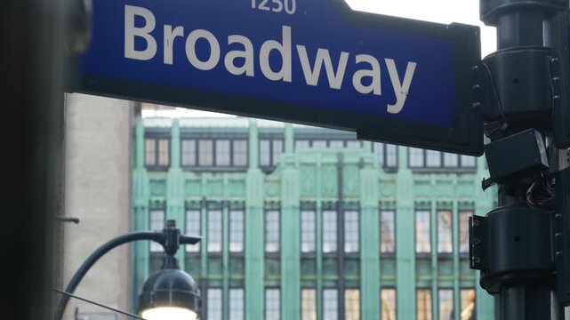 New York City Gimbels bridge, Manhattan Midtown, United States of America. Broadway sign, skybridge on Herald Square, USA. Gimbels traverse on 6 avenue. Historic elevated walkway 1925, copper patina.