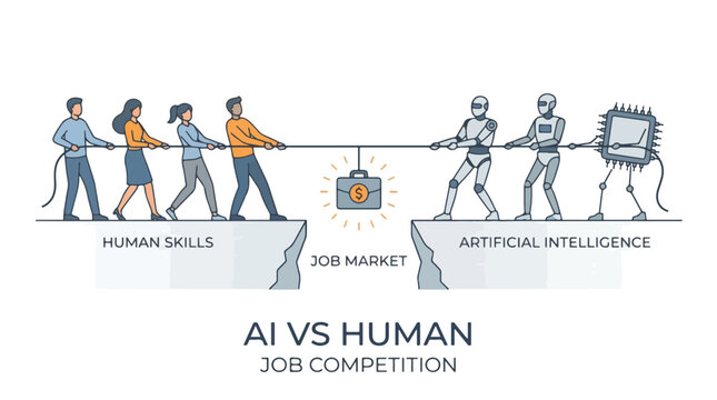 Flat vector illustration of AI vs human tug of war