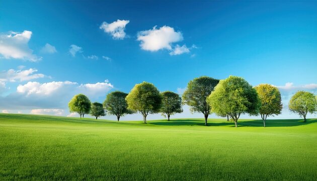 Modern interpretation of vibrant trees in a lush green field under a bright blue sky