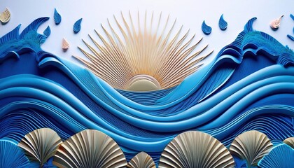 Colorful relief sculpture depicting waves and sun in a claymation style with intricate details and textured elements showcasing harmony of nature