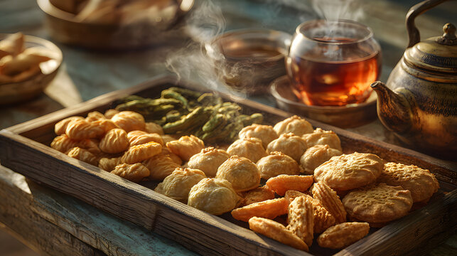 Hedhikaa, a traditional Maldivian snack with bajiya and gulha. Maldivian food background illustration.