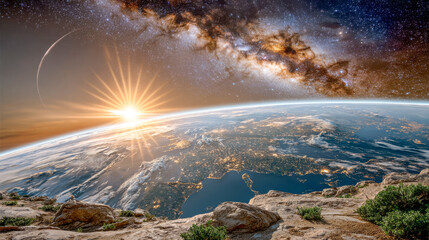 Fototapeta premium In a breathtaking moment, the sun rises over the horizon, casting golden rays on Earth while stars shimmer in the vast cosmic expanse, revealing the beauty of our planet from above