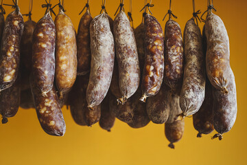 Authentic drying room ambiance - showcasing glistening salamis aging gracefully orange background