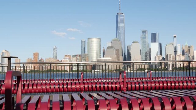 New York City Manhattan downtown financial district skyline, New Jersey Exchange Place, United States. Urban cityscape with skyscraper buildings, World Trade Center. J Owen Grundy park, Paulus Hook.