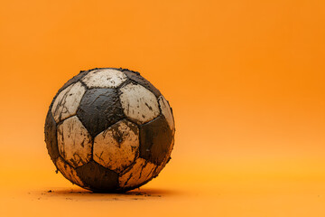 Muddied foot ball resting on the pitch, recounting stories of a fiercely fought match orange background 