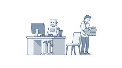 Minimal illustration of robot sitting at office desk while human stands behind unemployed © Itx Musa