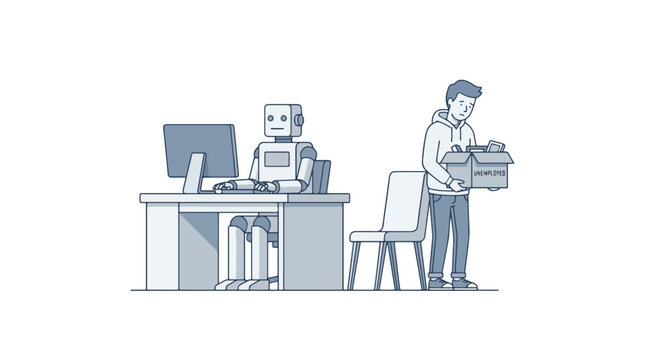 Minimal illustration of robot sitting at office desk while human stands behind unemployed