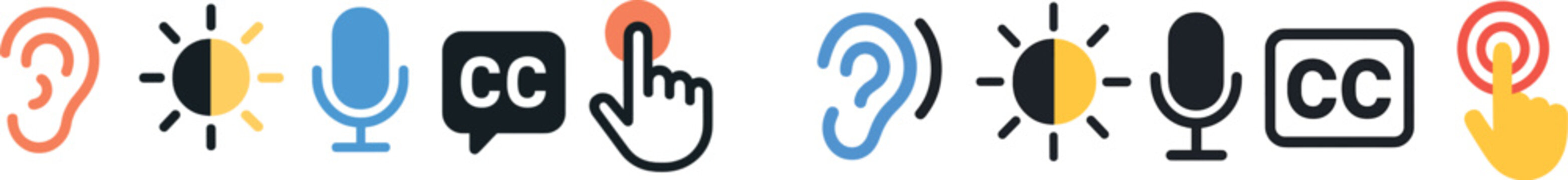 Icons showcase various accessibility tools including hearing aids, sunlight for clear visuals, microphone for audio, closed captions for dialogue, and interactive prompts for user engagement.
