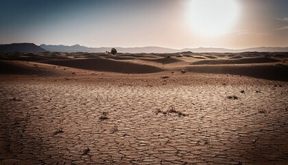 Desert landscape with cracked earth under shimmering heat waves at sunset