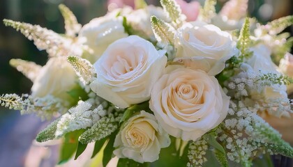Elegant bouquet of white roses and ranunculus with cascading wisteria captured in natural light